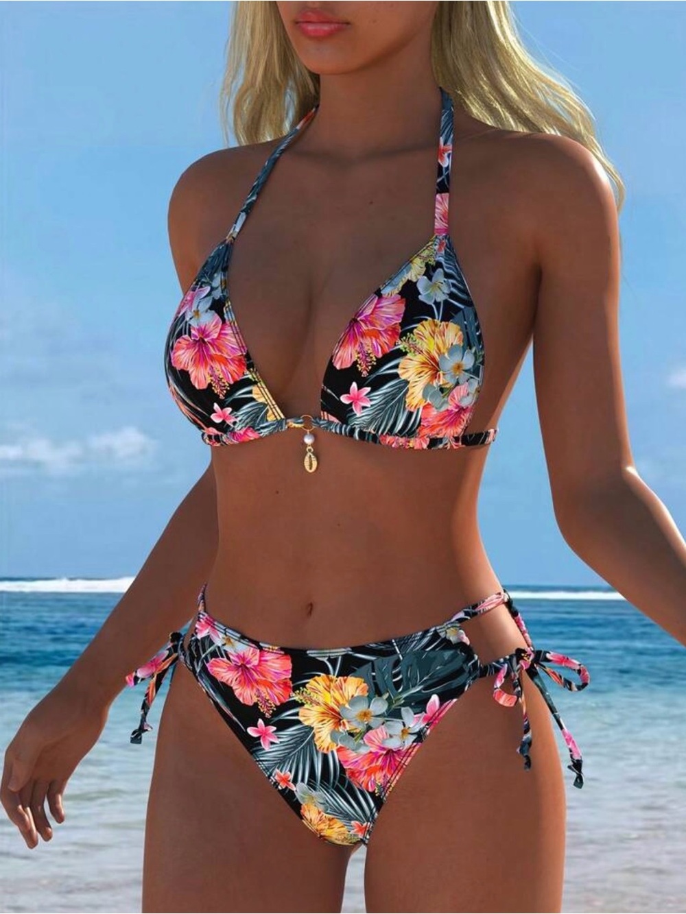Floral Tie-Side Halter Bikini Set - Black Tropical